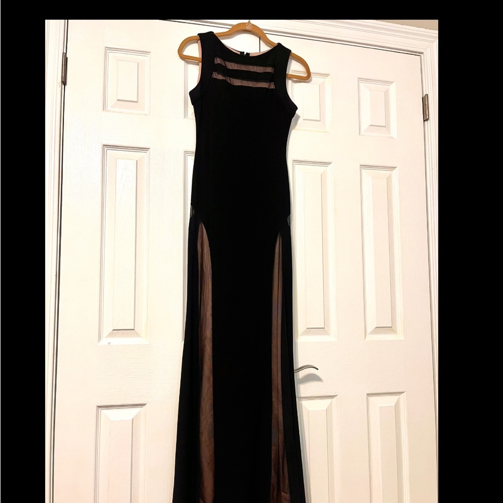 Elegant Black Sleeveless Dress with Sheer. Morgan and Co. Medium Size Maxi